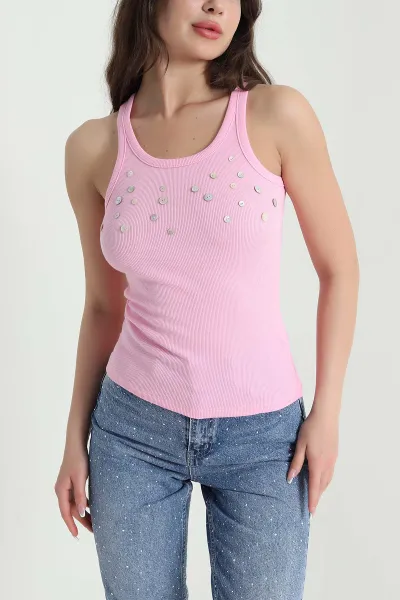 Pembe Düğmeli Likralı Kaşkorse Kadın Atlet 457710