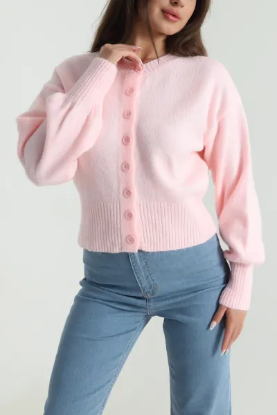 Pembe Düğmeli Tasarım Kadın Triko Hırka 489654