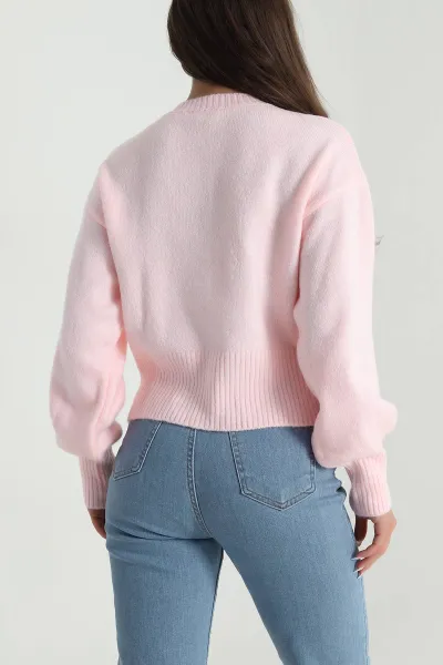 Pembe Düğmeli Tasarım Kadın Triko Hırka 489654