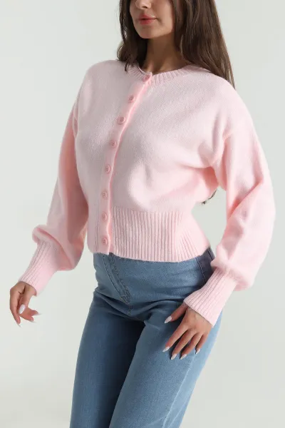 Pembe Düğmeli Tasarım Kadın Triko Hırka 489654