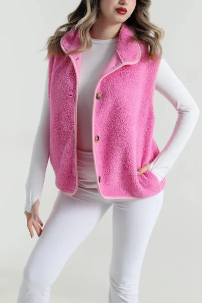 Pembe Düğmeli Teddy Kadın Yelek 496929