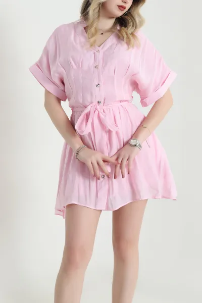 Pembe Düğmeli Tensel Kadın Elbise 456749