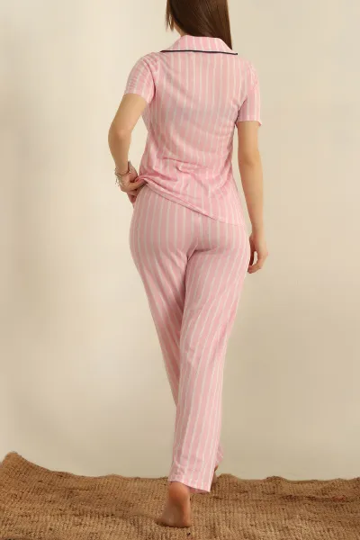 Pembe Düğmeli Viskon Bayan Pijama Takımı 251601
