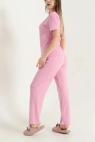 Pembe Düğmeli Viskon Bayan Pijama Takımı 338251