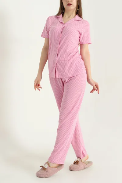 Pembe Düğmeli Viskon Bayan Pijama Takımı 338251