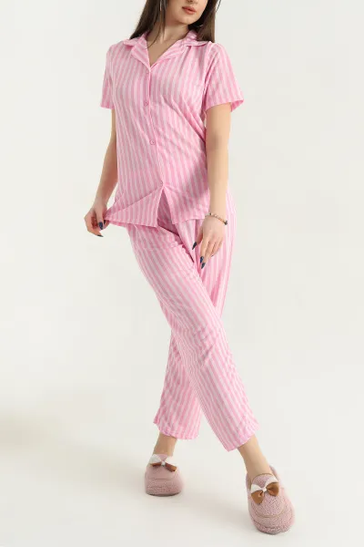 Pembe Düğmeli Viskon Bayan Pijama Takımı 338281