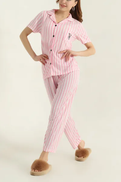 Pembe Düğmeli Viskon Kadın Pijama Takımı 347357