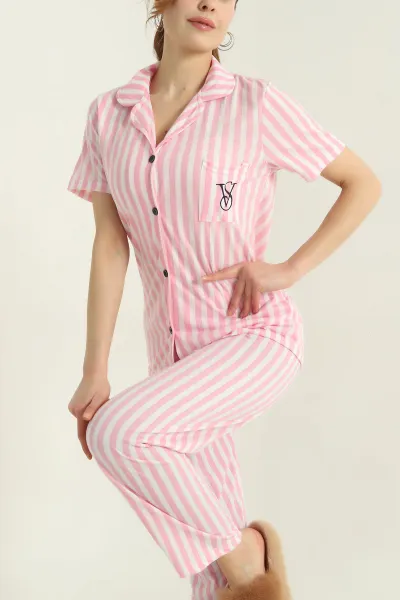 Pembe Düğmeli Viskon Kadın Pijama Takımı 347357