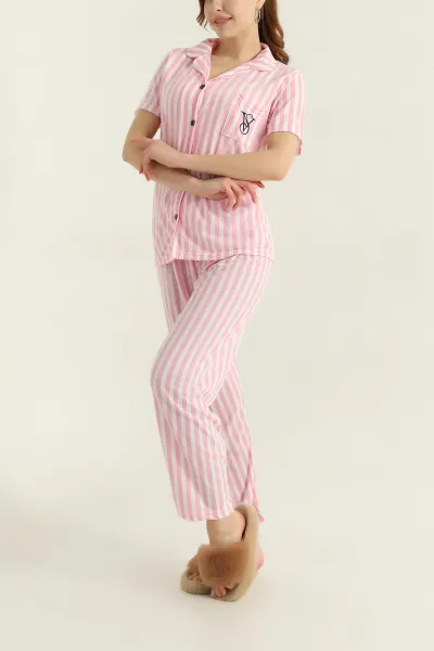 Pembe Düğmeli Viskon Kadın Pijama Takımı 347357