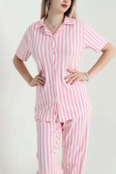 Pembe Düğmeli Viskon  Kadın Pijama Takımı 466686