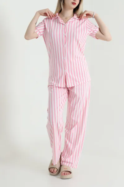Pembe Düğmeli Viskon  Kadın Pijama Takımı 466686
