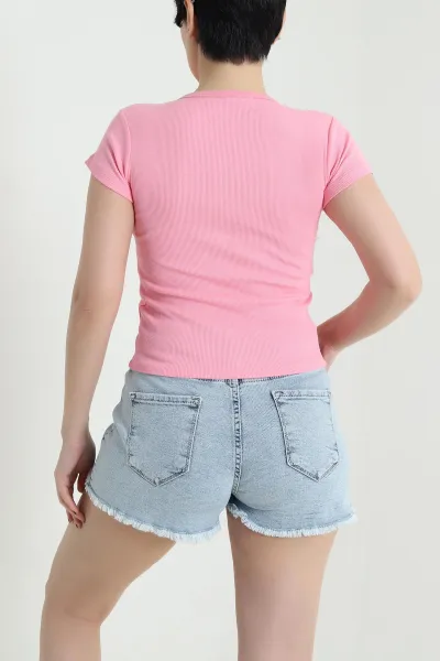 Pembe Düğmeli Yaka Fitilli Kadın Bluz 456146