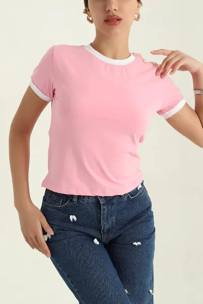 Pembe Düğmeli Yaka Süprem Kadın Bluz 367074