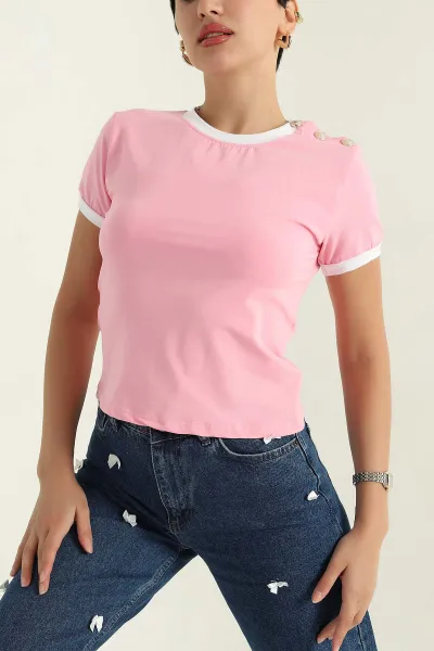 Pembe Düğmeli Yaka Süprem Kadın Bluz 367074