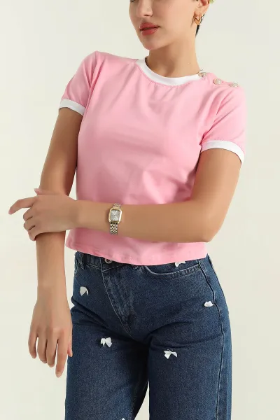 Pembe Düğmeli Yaka Süprem Kadın Bluz 367074