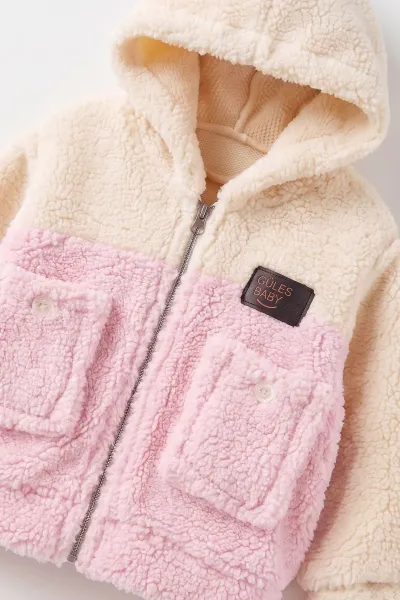 Pembe Ekru  (6-18 Ay) Cepli  Kapüşonlu Kuzu  Kız Bebek Hırka 486875