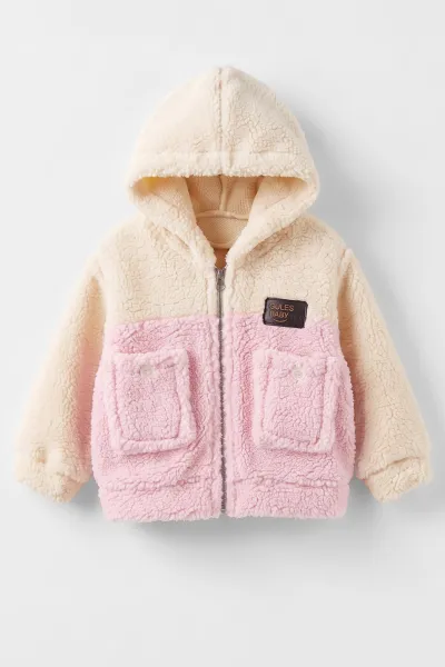 Pembe Ekru  (6-18 Ay) Cepli  Kapüşonlu Kuzu  Kız Bebek Hırka 486875