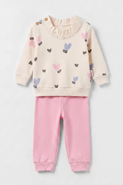 Pembe Ekru  (6-18 Ay) Kalp Baskılı Yakadan Fırfırlı  Kız Bebek 2'li Takım 479478