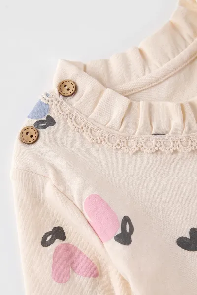 Pembe Ekru  (6-18 Ay) Kalp Baskılı Yakadan Fırfırlı  Kız Bebek 2'li Takım 479478