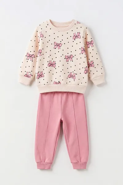 Pembe Ekru (6-24 Ay) Fiyonk Baskılı Kalpli Alt Çimalı  3 İp Şardonlu Kız Bebek Kışlık Takım 499385