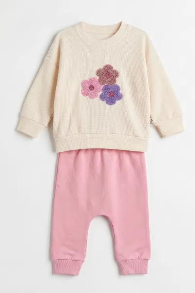 Pembe Ekru (6-24 Ay) Süzene Çiçek Nakışlı  Waffle Kız Bebek Takım 480123
