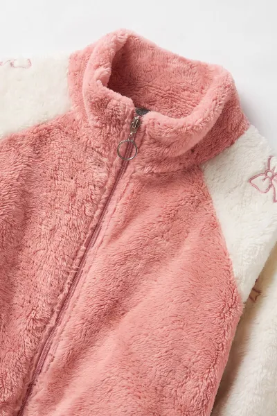 Pembe Ekru (7-12 Yaş) Kolu Garnili Fiyonk Nakışlı Kız Çocuk Peluş Hırka 489001