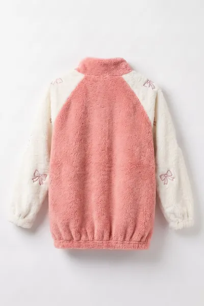 Pembe Ekru (7-12 Yaş) Kolu Garnili Fiyonk Nakışlı Kız Çocuk Peluş Hırka 489001