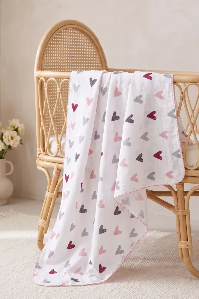 Pembe Ekru (80*90 cm)   Kenarı Oyalı Tek Kat  Karışık Desen Müslin  Bebek Battaniye 477511