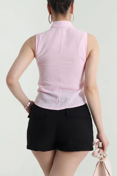 Pembe Eskitme Düğme Detay Pera Keten Kadın Yelek 472287