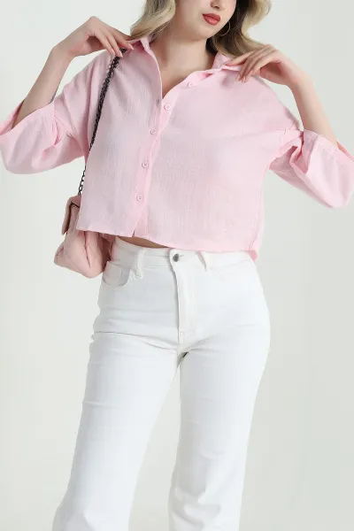 Pembe Fakir Kol Müslin Keten Kadın Gömlek 465861