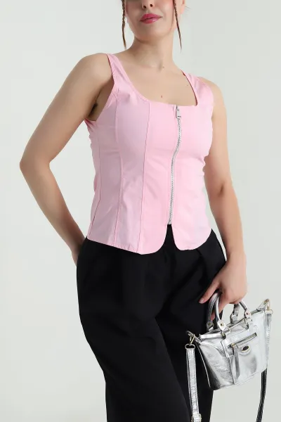 Pembe Fermuarlı Askılı Tencel Kadın Bluz 482543