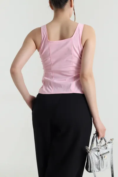 Pembe Fermuarlı Askılı Tencel Kadın Bluz 482543