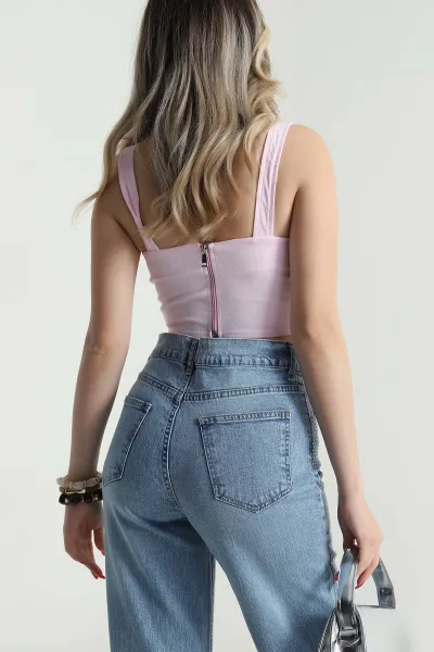 Pembe Fermuarlı Kadın Kot Bluz 482173