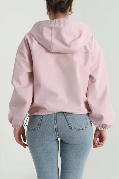 Pembe Fermuarlı Kapşonlu Bondit Kadın Yağmurluk 497136