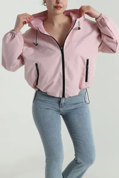Pembe Fermuarlı Kapşonlu Bondit Kadın Yağmurluk 497136