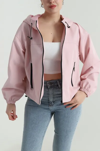 Pembe Fermuarlı Kapşonlu Bondit Kadın Yağmurluk 497136