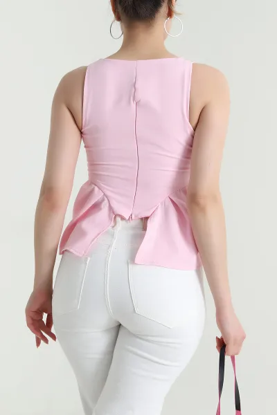 Pembe Fermuarlı Kolsuz Dabıl Kadın Bluz 473477