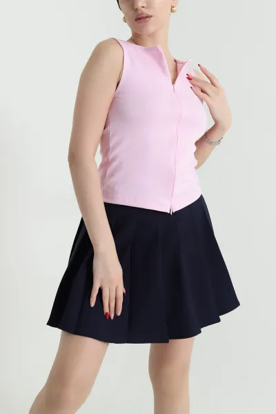 Pembe Fermuarlı Kolsuz İnterlok Kadın Bluz 440350