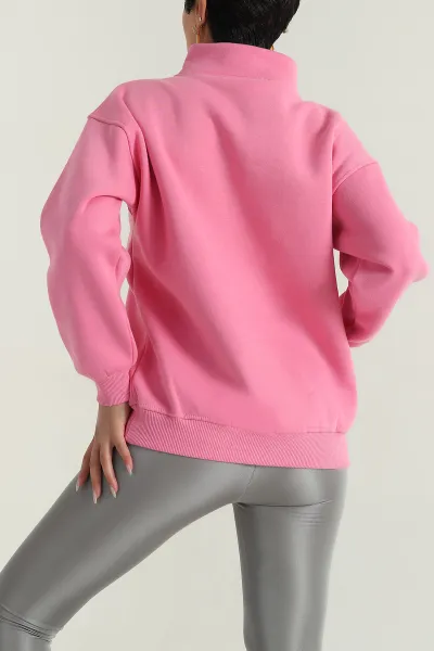 Pembe Fermuarlı Nakışlı Şardonlu Kadın Sweat 387844