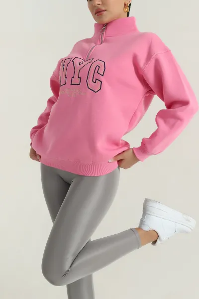 Pembe Fermuarlı Nakışlı Şardonlu Kadın Sweat 387844