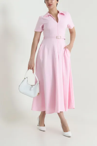 Pembe Fermuarlı Polo Yaka Krep Kadın Elbise 465023