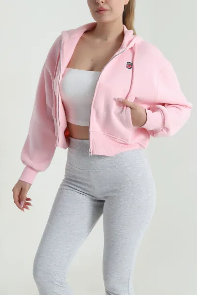Pembe Fermuarlı Şardonlu Üç İp Kadın Sweat 485041
