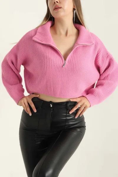 Pembe Fermuarlı Triko Bayan Crop Kazak 300314