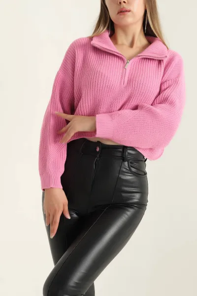 Pembe Fermuarlı Triko Bayan Crop Kazak 300314