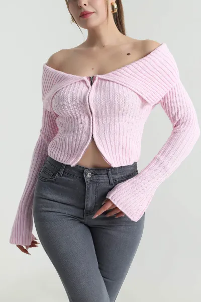 Pembe Fermuarlı Triko Kadın Kazak Hırka 489539
