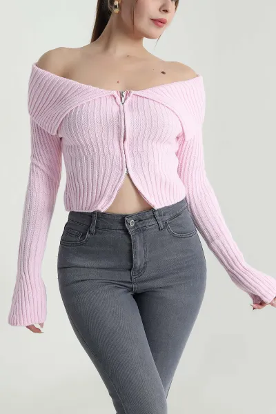 Pembe Fermuarlı Triko Kadın Kazak Hırka 489539