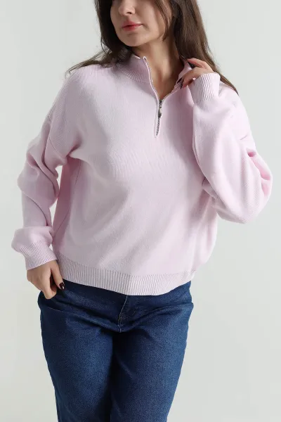 Pembe Fermuarlı Yarım Balıkçı Yaka Kadın Triko Kazak 497841