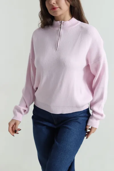 Pembe Fermuarlı Yarım Balıkçı Yaka Kadın Triko Kazak 497841