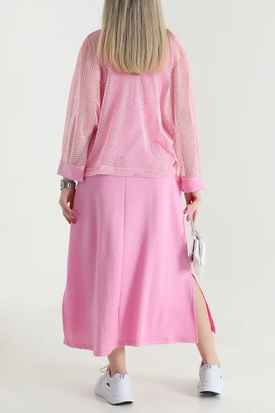 Pembe Fileli Ceket Modal Elbise İkili Takım 468215