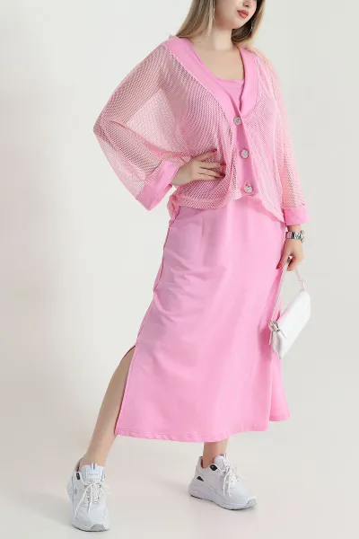 Pembe Fileli Ceket Modal Elbise İkili Takım 468215